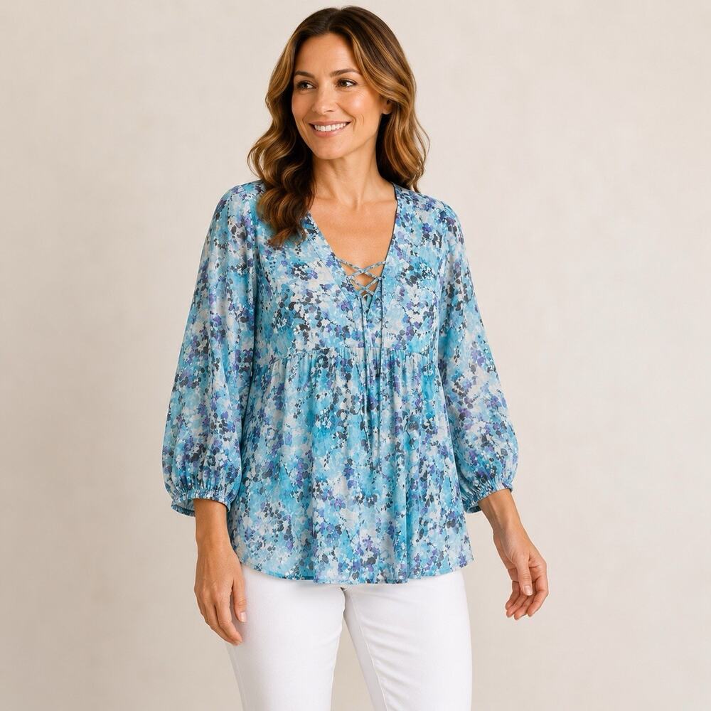 Skyes The Limit Peasant Top 2X Lavender Blue Watercolor Front Tie V Neck NWT